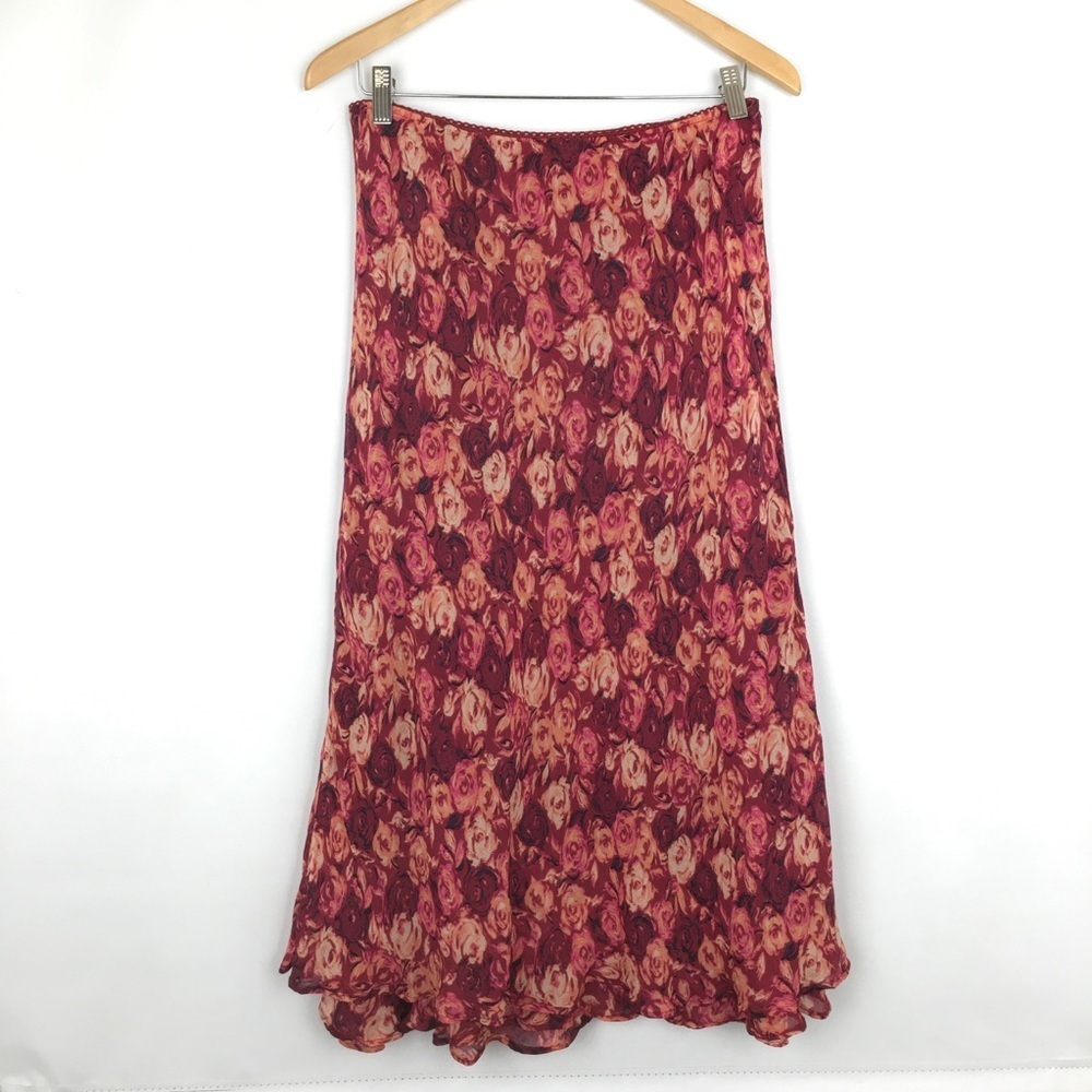 Vintage Romantic Rose Chiffon Maxi Skirt Women’s Sz 10P Fairy Grunge Pink Maroon